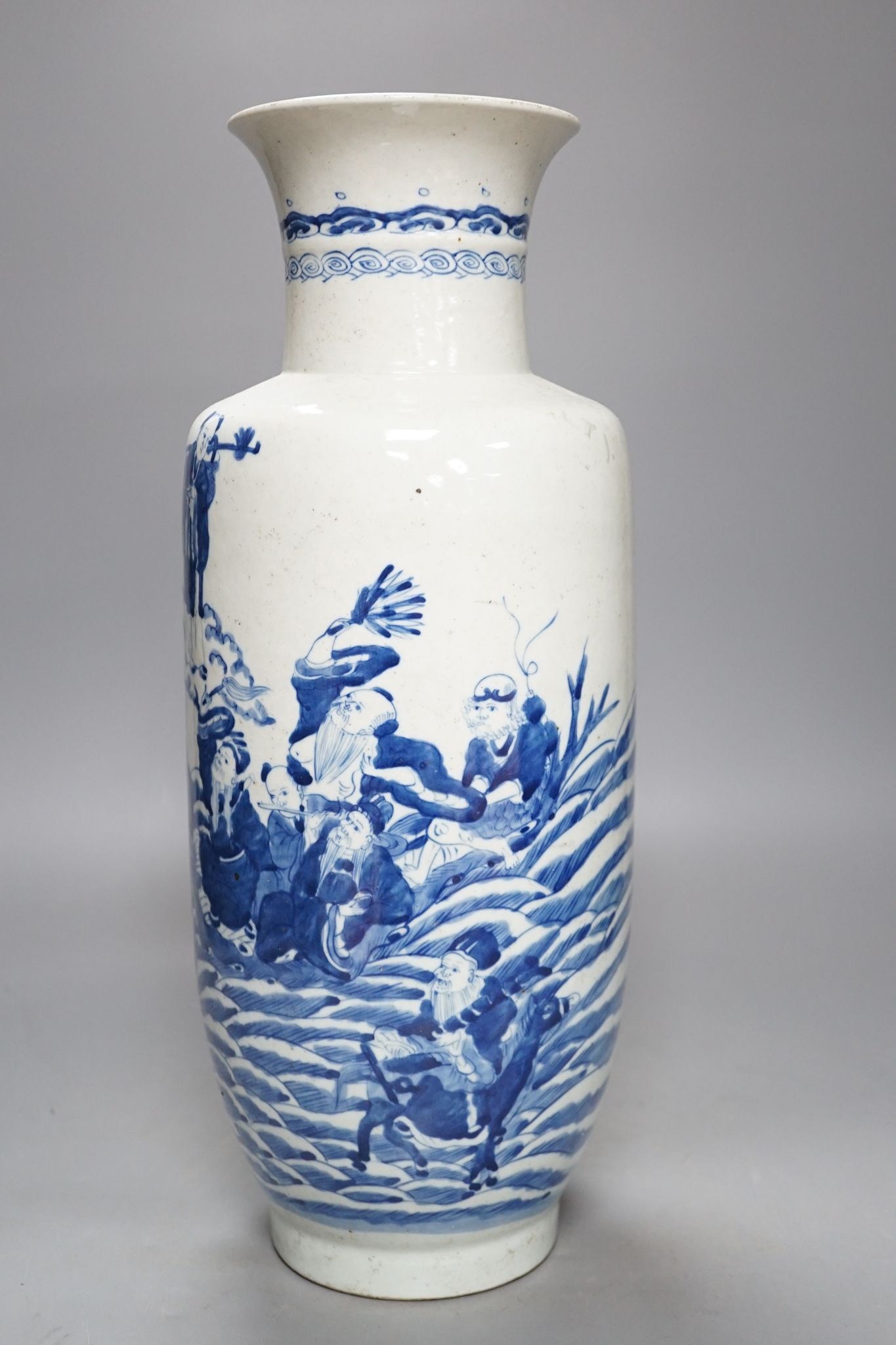 A Chinese blue and white rouleau vase, 42 cm